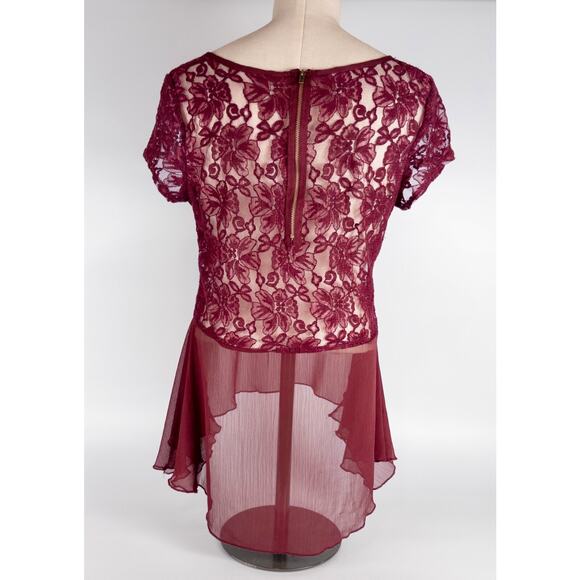 VTG Sheer Lace Blouse Cap Sleeve Maroon LARGE Ruffle Y2K Coquette Fairy - Picture 4 of 8